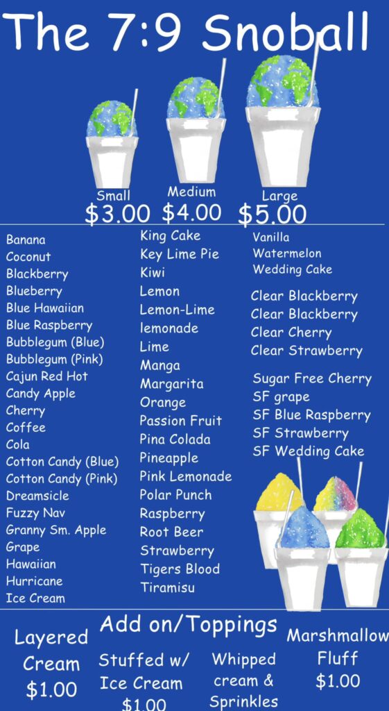 The Rev 7:9 Snoball Menu with pricing and selection.